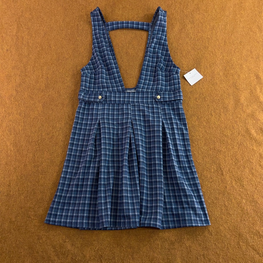 American Eagle Womens Medium Blue Plaid Deep V-Neck Pinafore Mini Dress NWT